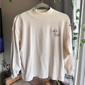 Active Elements Cream Mock Neck Floral Embroidered Top Pink Blue Flowers Shirt